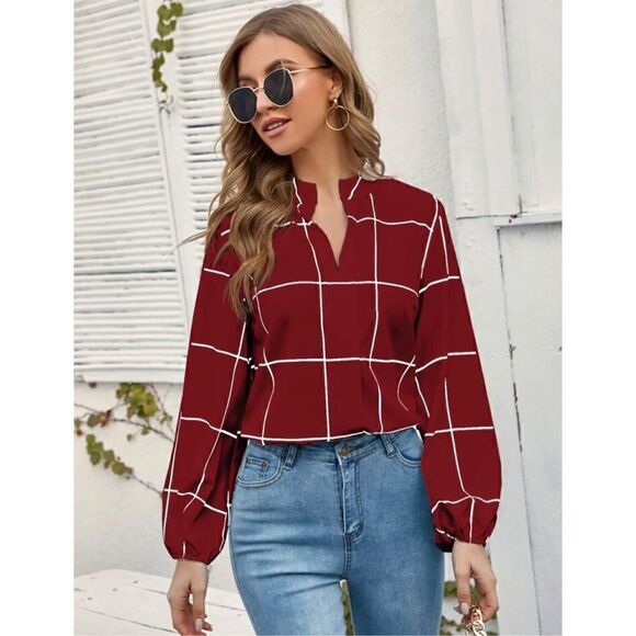SHEIN Privé Windowpane Plaid Notched Neck Blouse Size Small - Picture 1 of 8